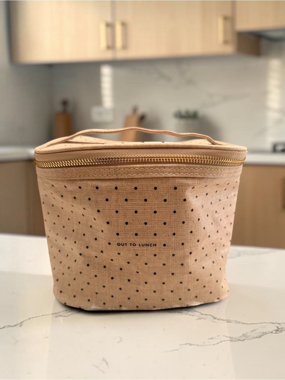 Kate Spade Out to Lunch Insulated Lunch/Cosmetic Tote Beige Black Deco Dots NWOT